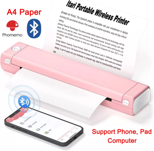 Portable Wireless A4 Bluetooth Thermal Printer for Travel Mobile Phone & PC  Lot