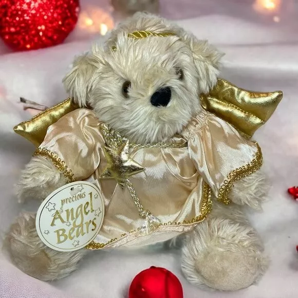 VTG Christmas Plush 1994 Joelson Soft Beige Teddy Bear Angel Gold Wings with Tag