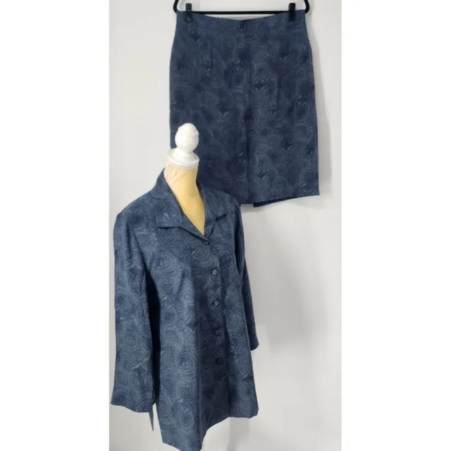 Patrick Collection Women's Sz 14 Skirt Set 100% Silk 2 Piece Lined Button Blue