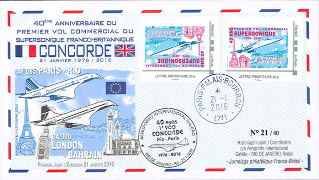 CO-RET58V FDC VARIETY "CONCORDE Air France - 40 years 1st Flight Paris-Rio" 2016