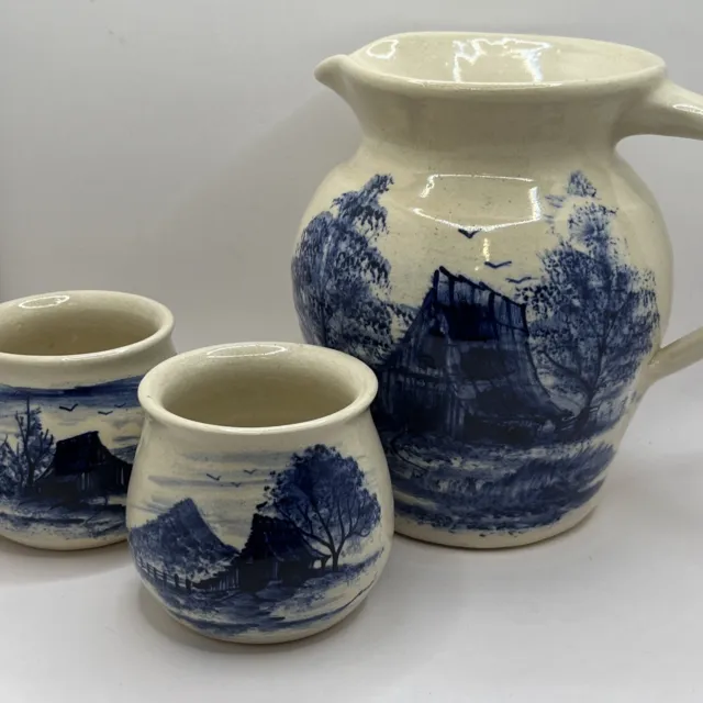 Vtg LOT Farm Blue Paint Stoneware Signed Storie Texas Pottery Jug Pitcher Cups