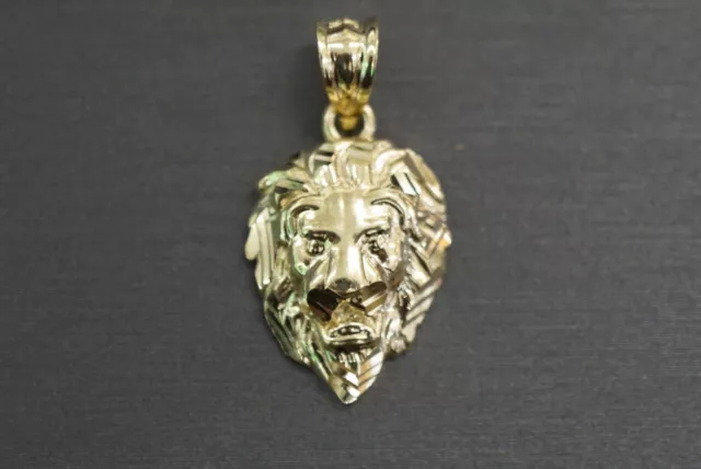 Real 10K Solid Yellow Gold 0.9" Diamond Cut Polished Lion Head Charm Pendant.