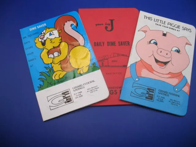 3 Vintage Bank DIME Savers Books FULL Piggie Squirrel Johnstown PA Coin Savings