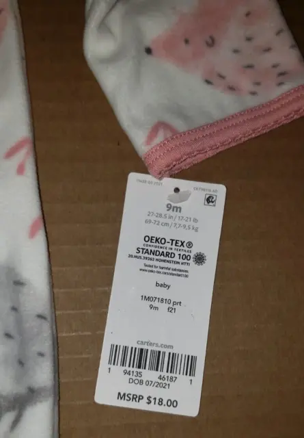 Carters Baby Girl Pink White Hedgehog Fleece Sleeper - Infant Size 9 Months -New 3
