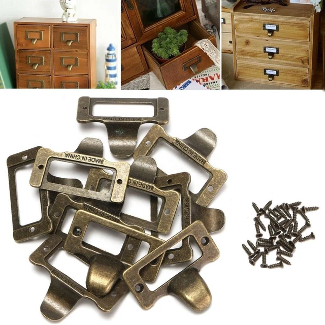 Retro and Fine Antique Brass Drawer Label Pulls for Cabinets Set of 10