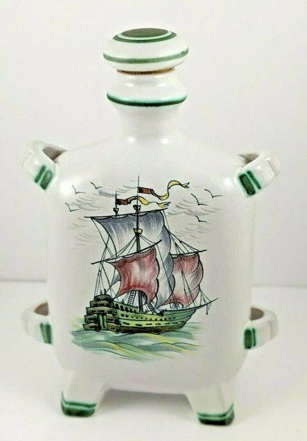 Hollohaza Hungary Hand Painted Ceramic Flask Vintage