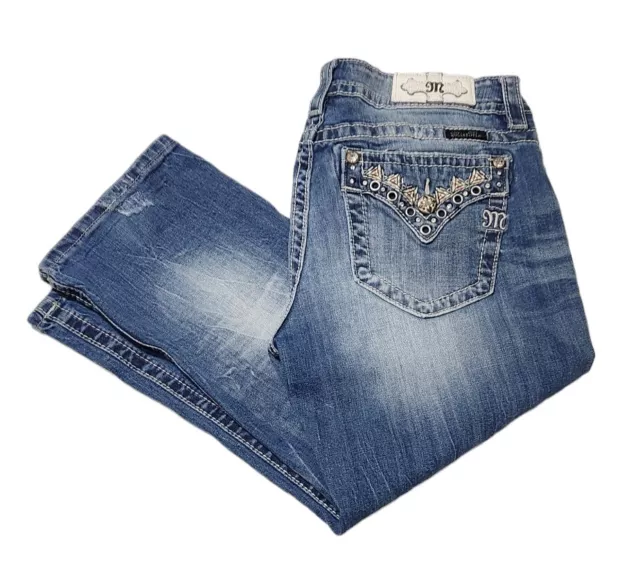 Miss Me Pants Womens Size 32 Cuffed Capri Aztec Embroidery Blue Denim