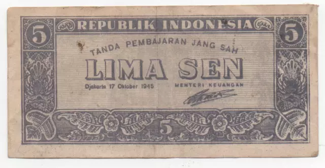 Indonesia 5 Sen 1945 Pick 14 Look Scans