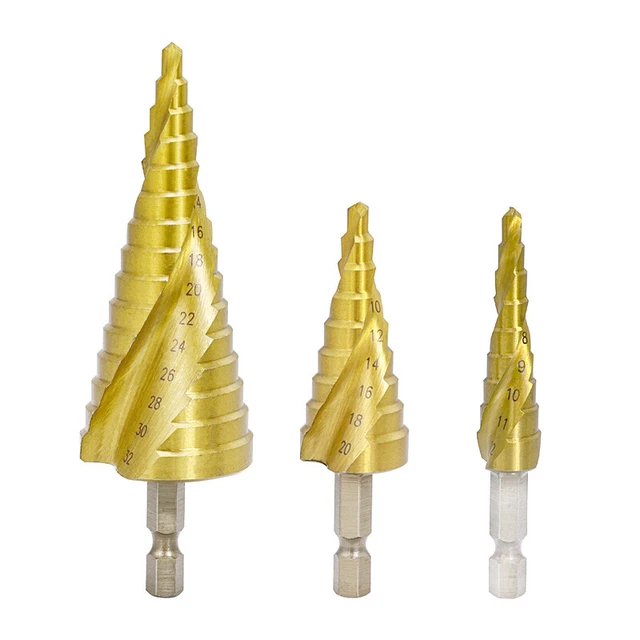 3Pcs HSS Spiral Grooved Step Drill Bit Set Titanium Coated 1/4 Inch Hex Shank