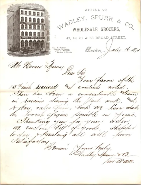 Wadley, Spurr & Co Boston MA 1874 Letterhead Grocers