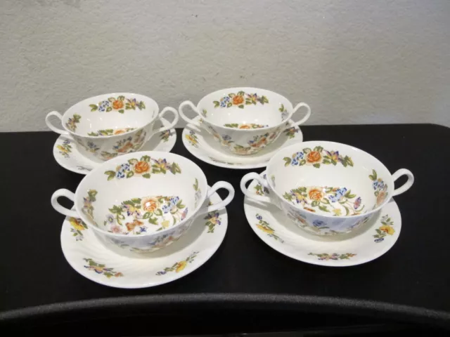 Set (4) Aynsley Cottage Garden Cream Soup Bowls & Saucers