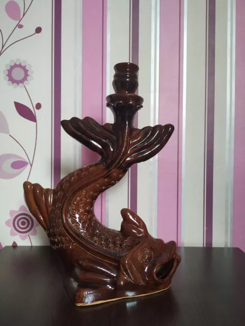 Vintage Handmade Pottery Ceramic brown Glaze candlestick candle holder fish 60s