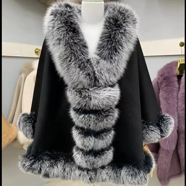 Women's Wool Cape Coat 100% Real Fox Fur Trim Cloak Poncho Wraps for Party