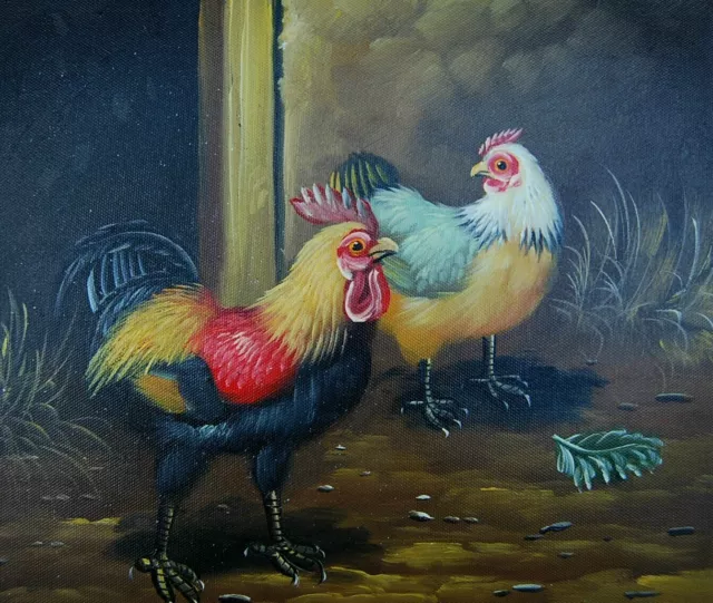 Tableau Peinture Huile sur toile peint à la main: Animaux Coq et Poule 20X25cm
