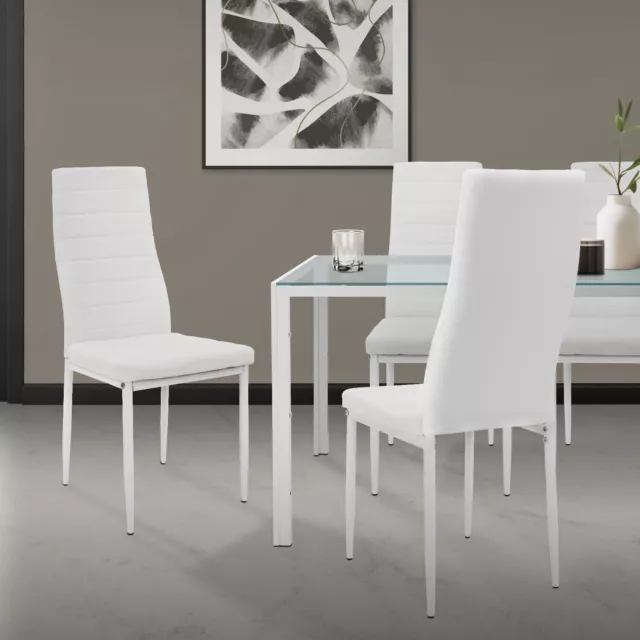 Set chaises et table de salle à manger blanc plateau en verre structure en acier