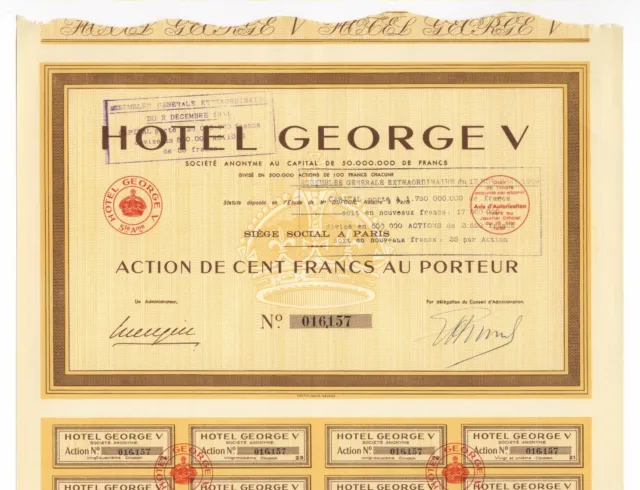 HOTEL GEORGE V S.A., Aktie, 100 Francs, Paris, 1939 – berühmtes LUXUS-HOTEL !