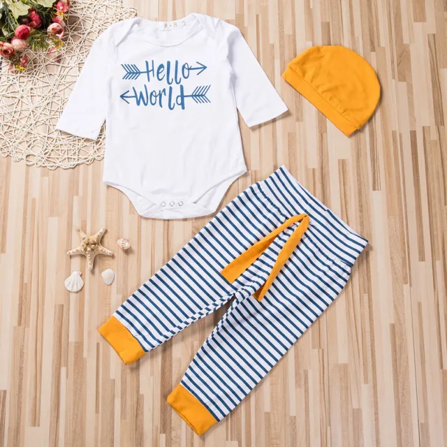 Newborn Infant Baby Girl Boy Romper Bodysuit+Striped Pants+Hat Outfit 3Pcs