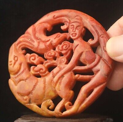 Chinese old natural jade hand-carved statue dragon human pendant i