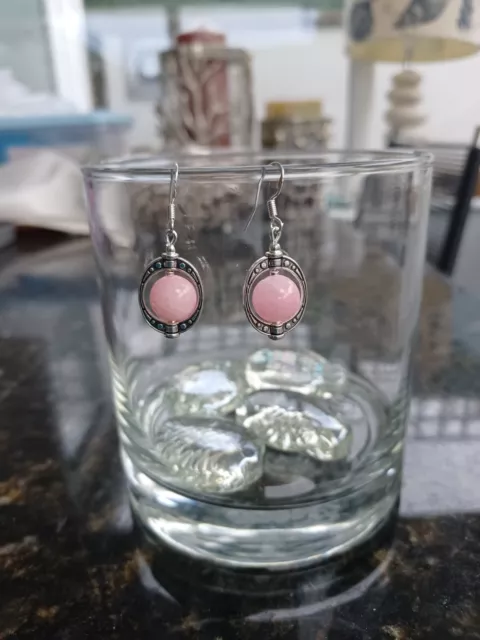 Lovely Pearl Pink Jade Ornate Framed Earrings. Sterling Silver Hooks.