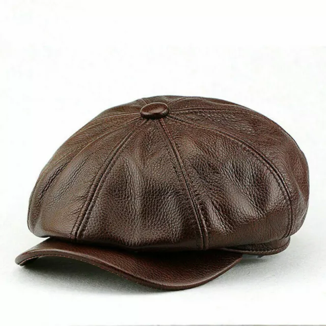 Men's Vintage Real Leather Painter Beret Hats Octagonal Newsboy Cap Ivy Flat Hat