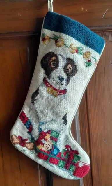 Wool Needlepoint Christmas Stocking Dark Brown & White Dog Cream Velvet Backing