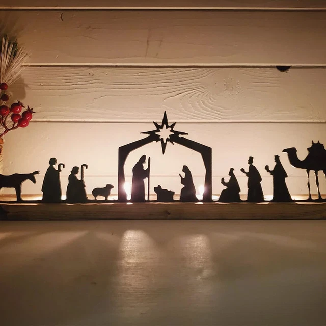 CHRISTMAS NATIVITY SCENE Sets Black Metal Nativity Set with Wood Base
