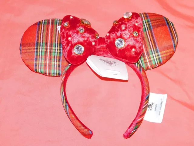 Disney Parks 2023 Jeweled Christmas Plaid Bow Mickey Minnie Mouse Ear Headband