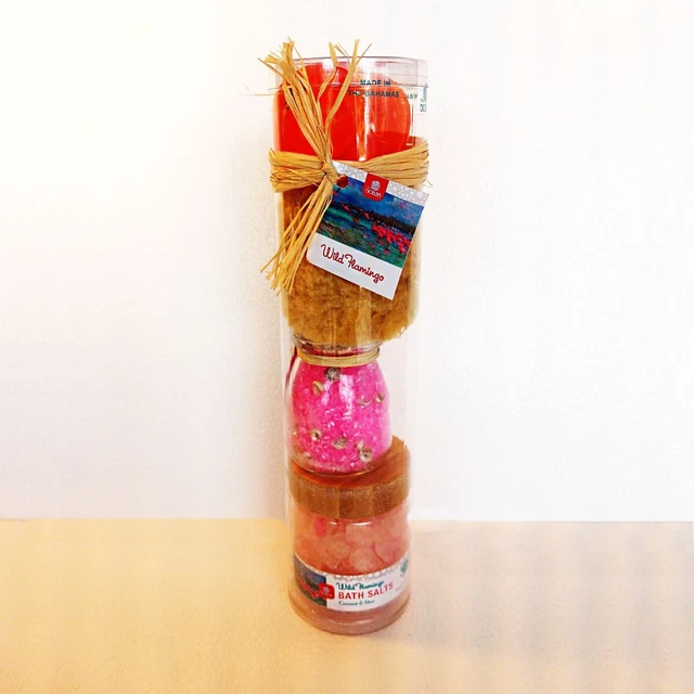 Wild Flamingo Body Soap, Bath Salts, Potpourri & Sponge in Wave Tube
