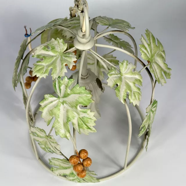 Vintage French Toleware Cage Ceiling Light with Metal Wine Leaves & Grapes Vintage French Toleware Cage Ceiling Light with Metal Wine Leaves & Grapes