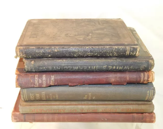 6 Antique Old Math Arithmetic Algebra School Text Books 1870- 1910s Mixed lot