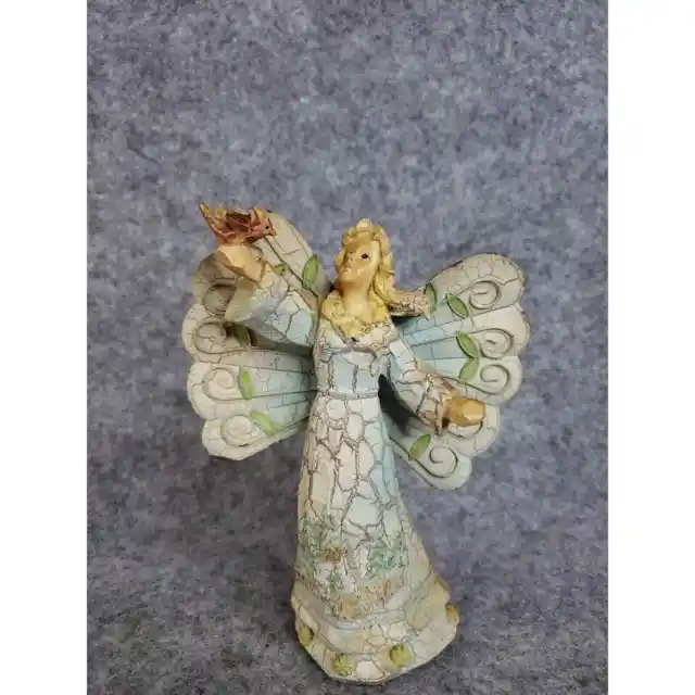 Vintage Wooden Angel Carved and Etched Hand Painted Distressed Look Figurine
