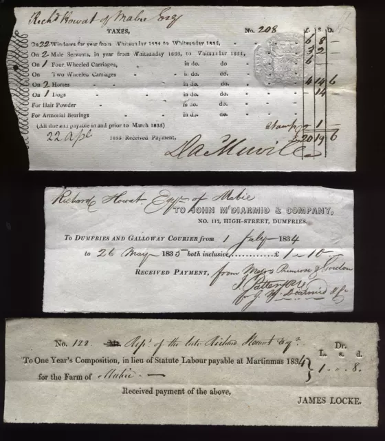1834-35 Richard Howat of Mabie Estate, Kirkcudbright,Taxes, and printed receipts