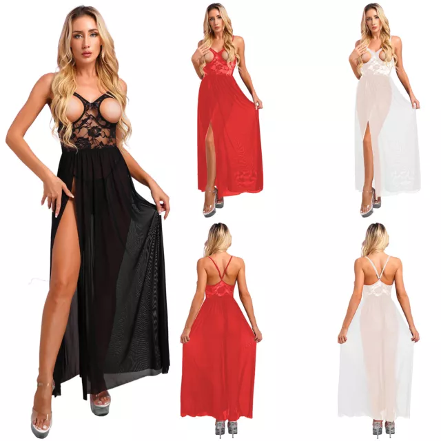 Womens Nightgowns Suit Cupless Slip Dress And Thong High Split Nightwear Sexy 3