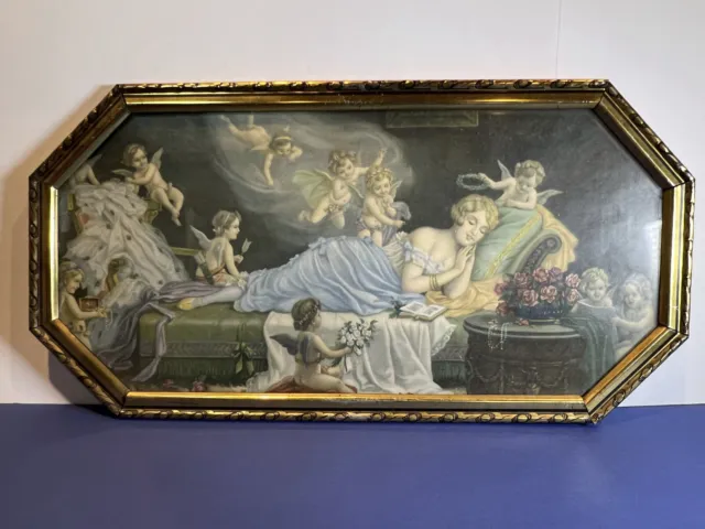 Antikes Bild Schlafende Schönheit Kunstdruck Engel Gemälde Goldener Rahmen Putte