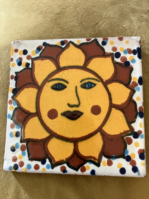 Terracotta Tile Sun Design 4 inch square Blue Gold Rust Vintage Handpainted