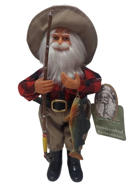 9 inch Fishing Santa Claus Doll Figurine Hat Pole Fish Flannel boots Christmas
