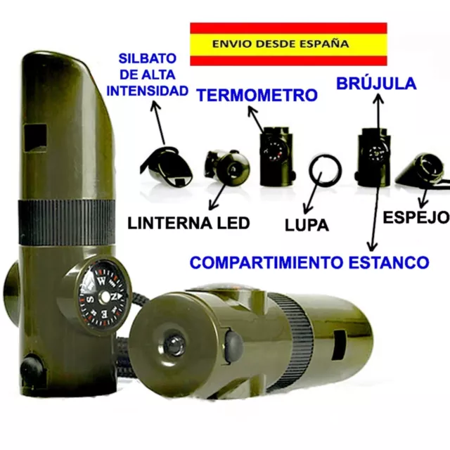 Linterna Silbato De Supervivencia Con Brujula Espejo 7 Funciones Termometro