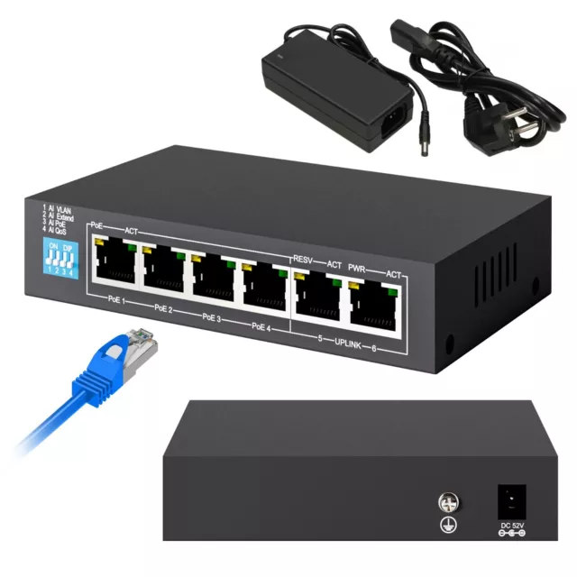 Netzwerk Switch PoE 4x Gigabit PoE/PoE+ RJ-45 Ports Metallgehäuse 60 W Unmanaged