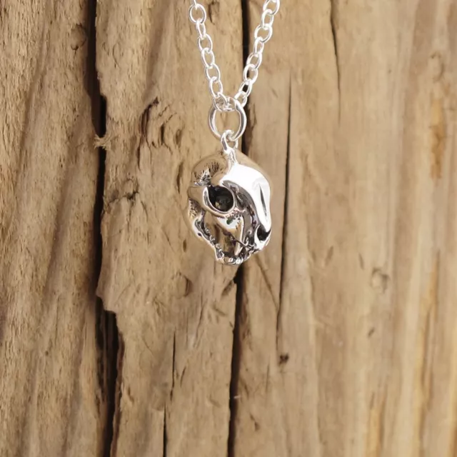 Sterling Silver Cat Skull Charm Pendant Necklace Animal Gothic Halloween Boxed