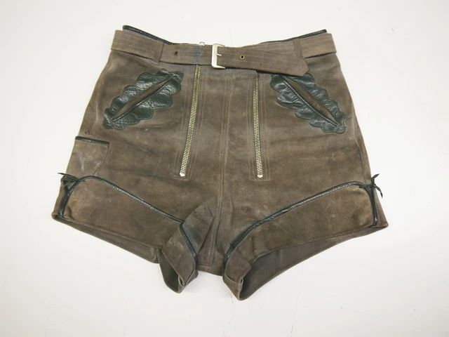 Kurze 60/70er Vintage Lederhose Doppelzipp Eichenlaub stark speckig grau Gr.164