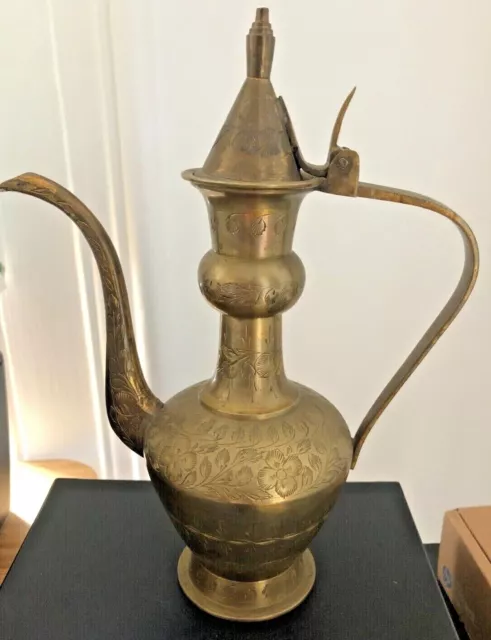 Vintage Brass Etched Tall Teapot Made In India Ornate Genie Aladdin Pitcher