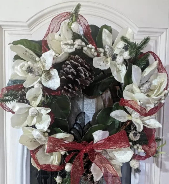 Holiday Door Wreath Handmade Christmas Decor Magnolia Flowers  23x20