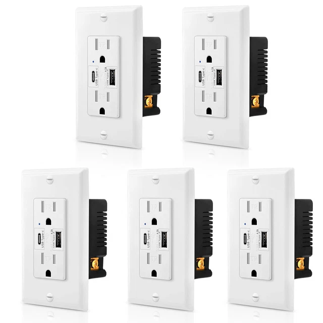 Toma de pared USB tipo C 4.2A doble enchufe receptáculo de alta velocidad TR UL con cubierta paquete de 5