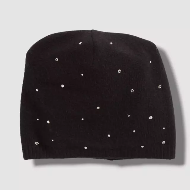 $165 Carolyn Rowan Women's Black Cashmere Embellished Knit Beanie Hat One Size