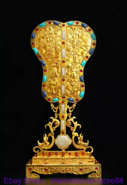 16.8" Old China Copper 24K Gilt Jade Dynasty Palace Eight Immortals Fan Base