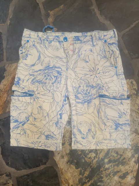 JET LAG Cargo Shorts Blue White Pattern Mens 36 Flower Outdoor Pockets Hippy