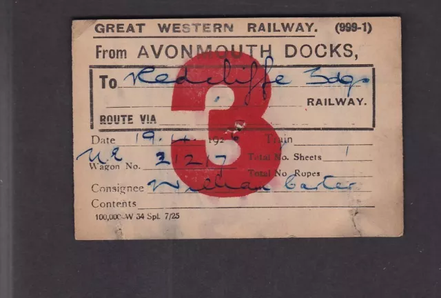 Railway GWR card re arrival wagon Avonmouth Docks to Radcliffe 1926 pin hole