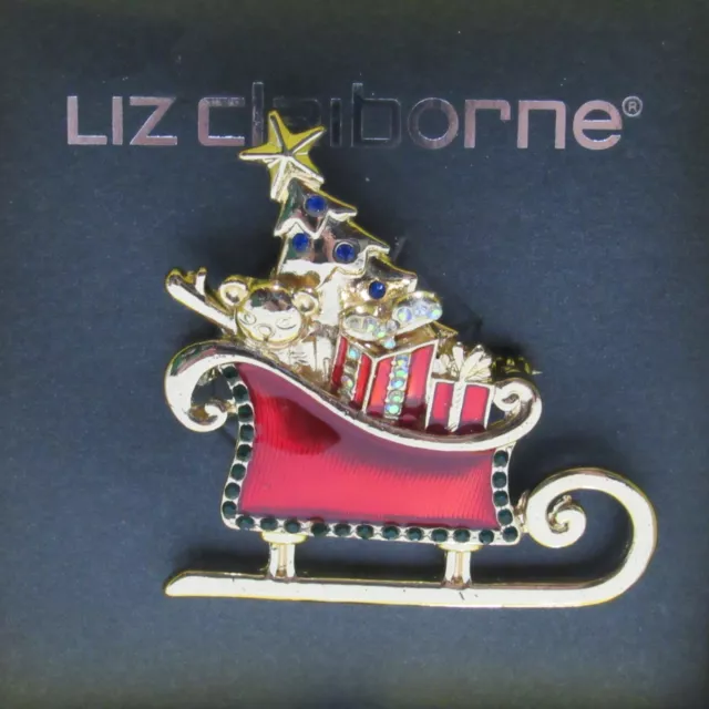 Liz Claiborne Christmas Sleigh Enamel Pin Brooch Goldtone Rhinestone With Box