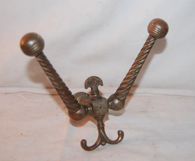 Antique ORNATE Brass FOUR Hook Coat & Hat Wall Mount Carriage Hall Tree