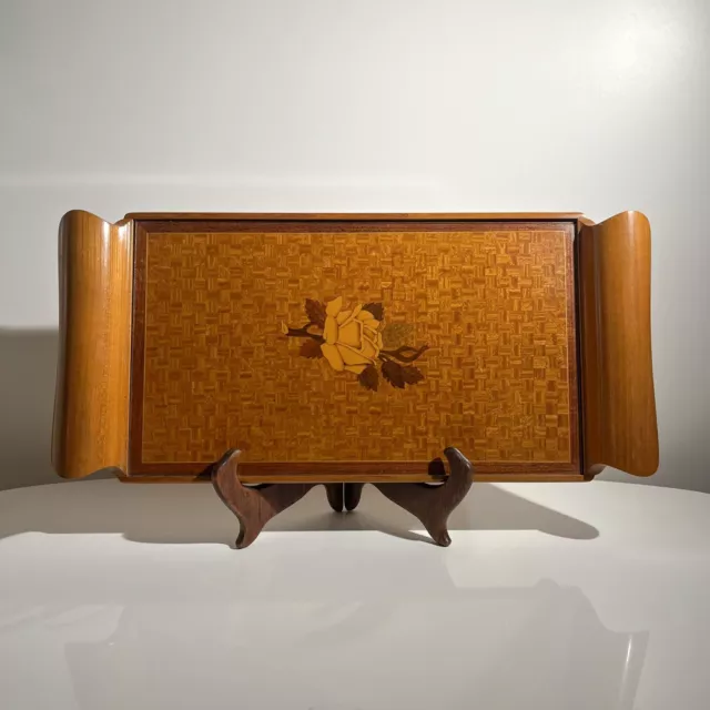 Intarsien Mid Century Tablett aus Holz mit Glaseinsatz